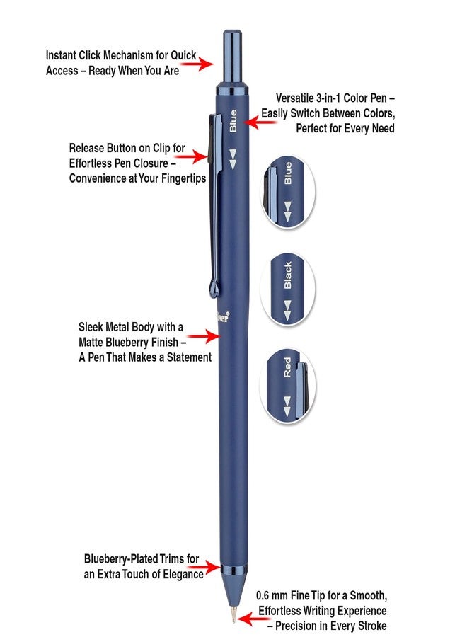 Oliver Rocket 3-in-1 Blueberry Ball Pen with T Box – Matte Finish, Multi-Color Metal Refill, Side Press Action - Image 3