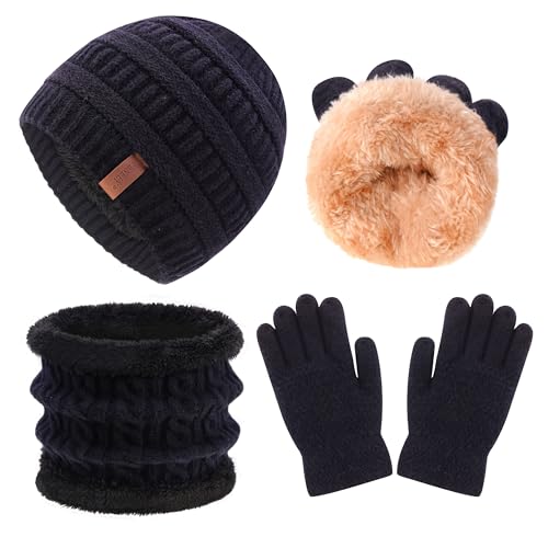 FENELY Girls Winter Hat Scarf Gloves Set for Cold Weather, Kids Beanie Hat Infinity Scarf Knitted Gloves Sets Black Knit Thick Warm Fleece Lined Thermal Set for 6-10 Years Old Boy Baby Toddler Children - Image 1