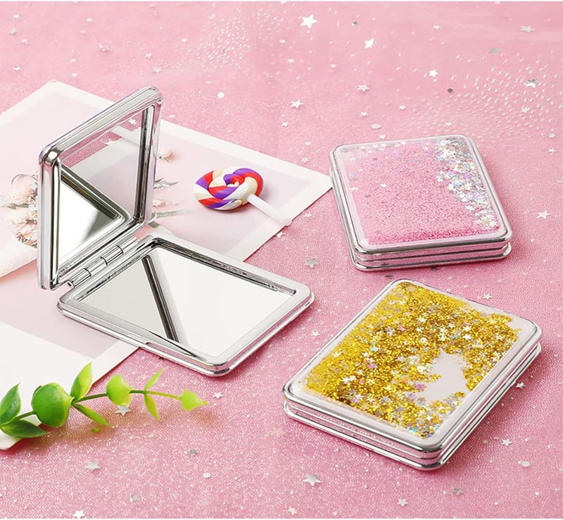 KASTWAVE Pocket Mirror, Double Sided Portable Compact Makeup Mirror, Creative Quicksand Small Mini Glitter Foldable Fashion Hand Travel Mirror (Silver) - Image 3