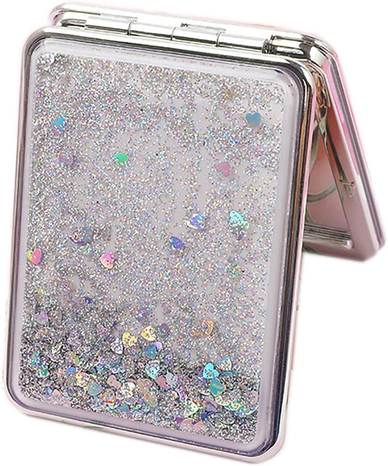 KASTWAVE Pocket Mirror, Double Sided Portable Compact Makeup Mirror, Creative Quicksand Small Mini Glitter Foldable Fashion Hand Travel Mirror (Silver) - Image 1