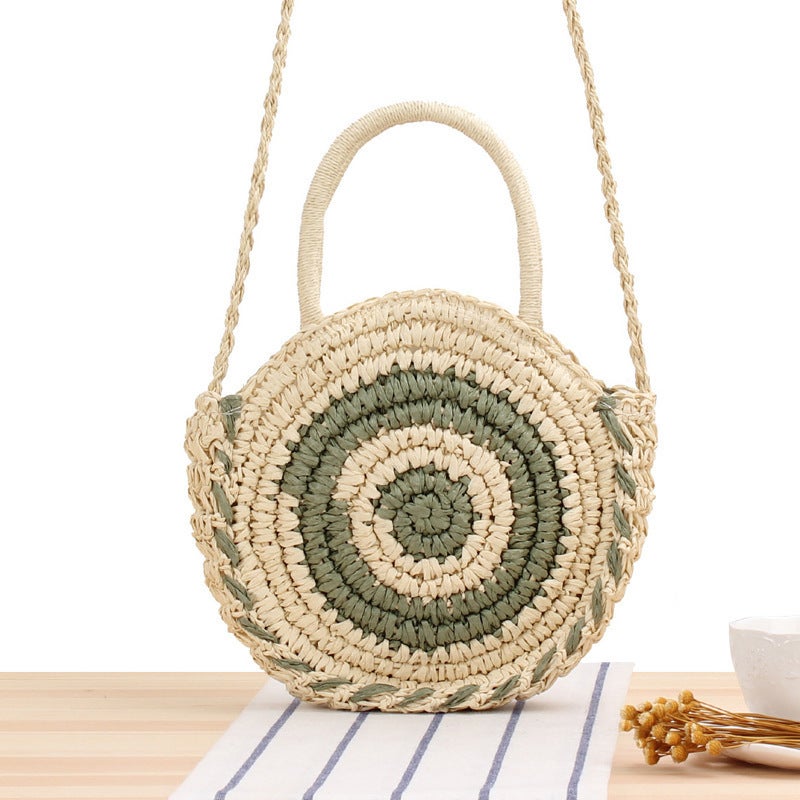 Dropshipping New Style Holiday Beach Handmade Paper Rope Woven Bag Round Striped Portable Crossbody Dual-Purpose Casual Bag - Image 1