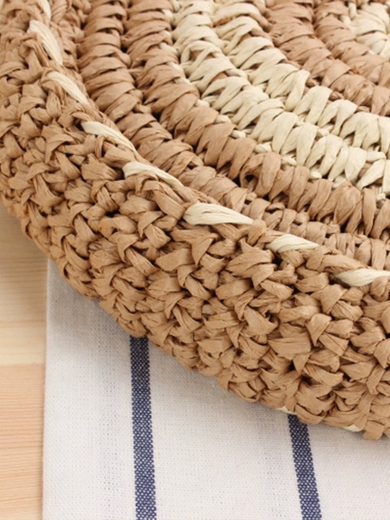 Dropshipping New Style Holiday Beach Handmade Paper Rope Woven Bag Round Striped Portable Crossbody Dual-Purpose Casual Bag - Image 5