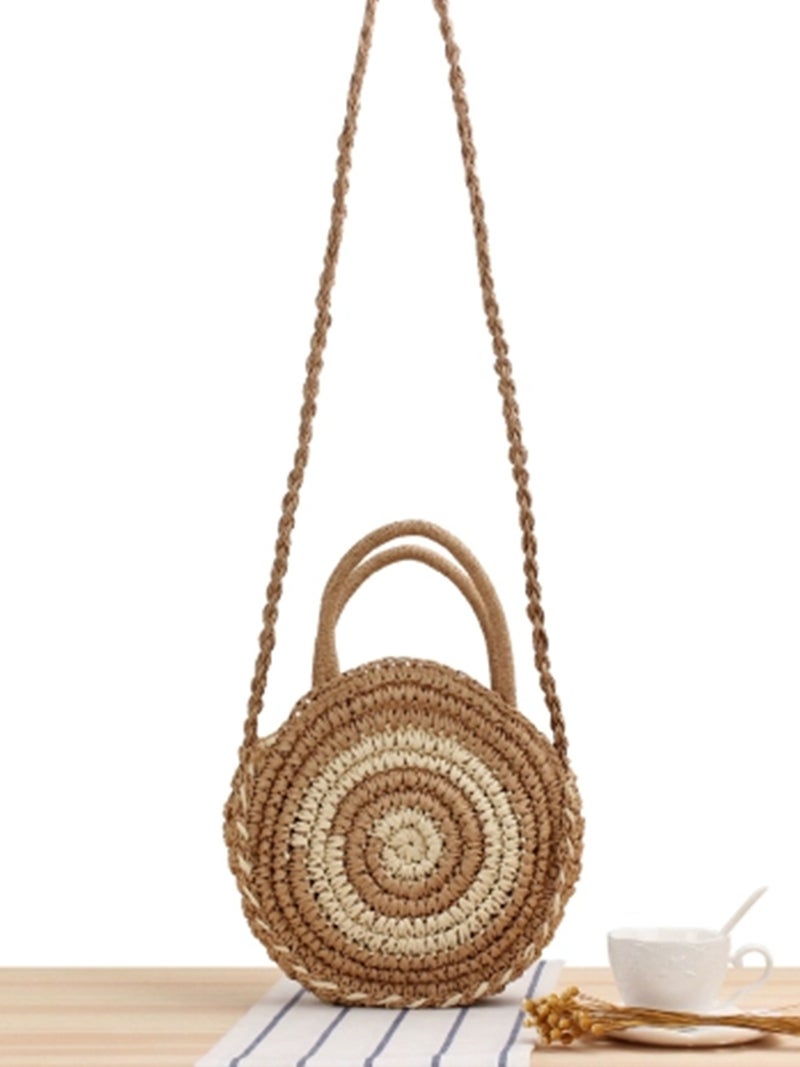 Dropshipping New Style Holiday Beach Handmade Paper Rope Woven Bag Round Striped Portable Crossbody Dual-Purpose Casual Bag - Image 2