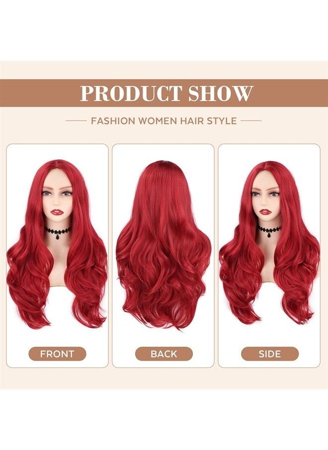 Hanne Fashion Red Wigs Long Wavy Synthetic Wig Middle Part Heat Resistant Fiber Natural Looking Party Cosplay Full Wigs for Women  - Image 2