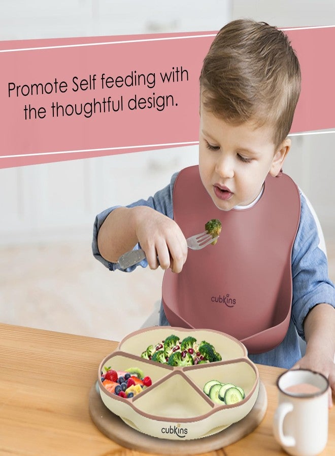 CUBKINS Silicone Suction Feeding Plate with Bib for Babies, Infants | Plate with Four Compartments for Kids, Toddlers | Washable & Reusable, Non-Messy Easy to Clean Adjustable Bib (Raspberry) - Image 2
