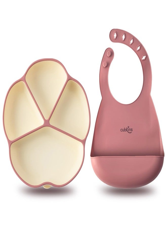 CUBKINS Silicone Suction Feeding Plate with Bib for Babies, Infants | Plate with Four Compartments for Kids, Toddlers | Washable & Reusable, Non-Messy Easy to Clean Adjustable Bib (Raspberry) - Image 1