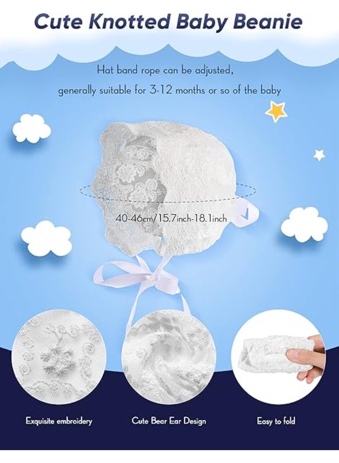 2 Pieces Baby Girl Lacy Bonnet Eyelet Lace Christening Bonnet Cap Toddlers Beanie Breathable Sun Protection Hat White,40- 44cm 16.5-17.3 inches in head circumference - Image 3