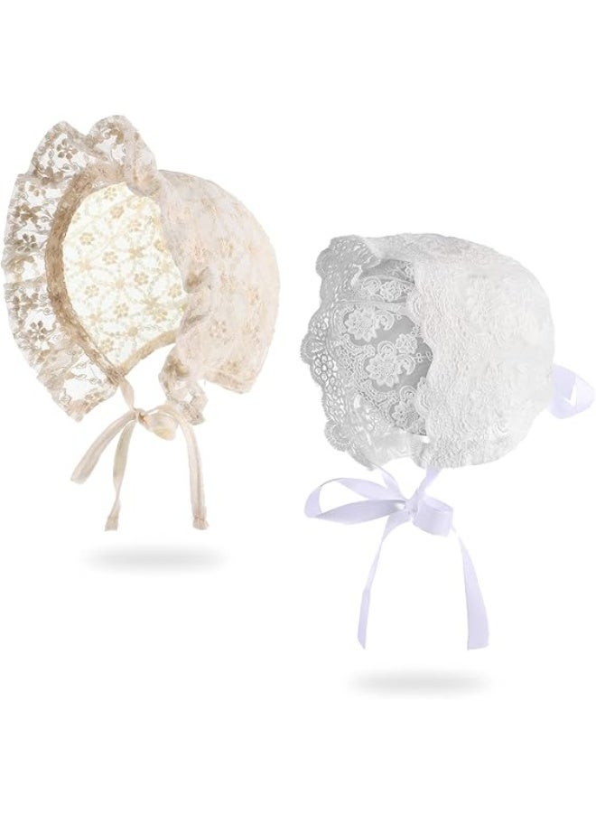2 Pieces Baby Girl Lacy Bonnet Eyelet Lace Christening Bonnet Cap Toddlers Beanie Breathable Sun Protection Hat White,40- 44cm 16.5-17.3 inches in head circumference - Image 1