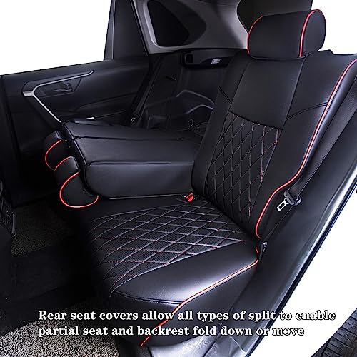 HKZ Fit RAV4 Hybrid Car Seat Covers Set for 2019 2020 2021 2022 2023 2024 2025 Toyota RAV4 Hybrid (Not for 2019-2025 Hybrid/Prime SE,XSE) - 5 Seats Full Set Leather(Black+Red) - Image 4