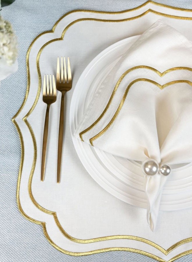 Bryonia Cotton Linen Placemats Set of 4 - Double Layered, Machine Washable, Wrinkle Resistance, Scalloped & Embroidered Cloth Table Mats - Winter, Christmas Mat 19 x 17 inch, Ivory Gold - Image 3