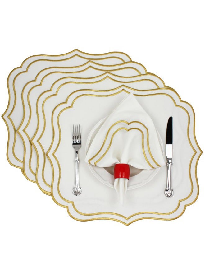 Bryonia Cotton Linen Placemats Set of 4 - Double Layered, Machine Washable, Wrinkle Resistance, Scalloped & Embroidered Cloth Table Mats - Winter, Christmas Mat 19 x 17 inch, Ivory Gold - Image 1