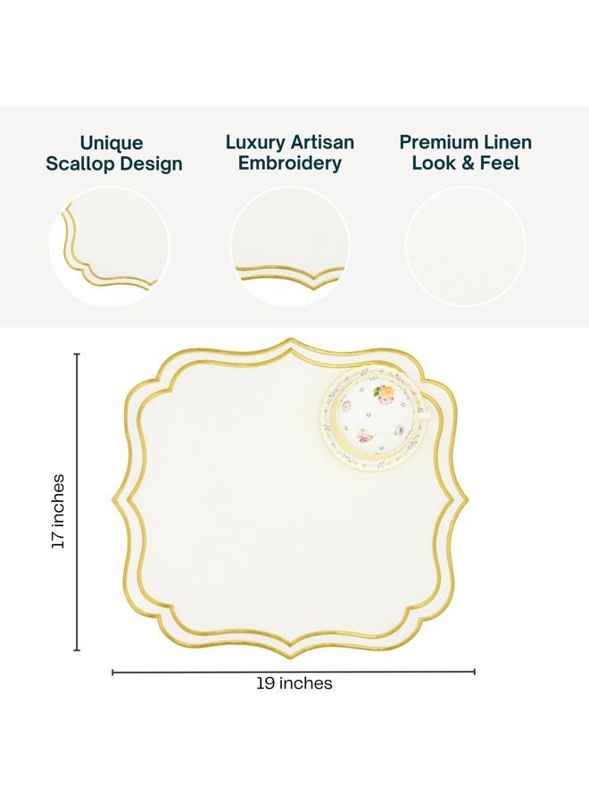 Bryonia Cotton Linen Placemats Set of 4 - Double Layered, Machine Washable, Wrinkle Resistance, Scalloped & Embroidered Cloth Table Mats - Winter, Christmas Mat 19 x 17 inch, Ivory Gold - Image 5