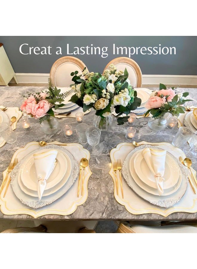 Bryonia Cotton Linen Placemats Set of 4 - Double Layered, Machine Washable, Wrinkle Resistance, Scalloped & Embroidered Cloth Table Mats - Winter, Christmas Mat 19 x 17 inch, Ivory Gold - Image 2