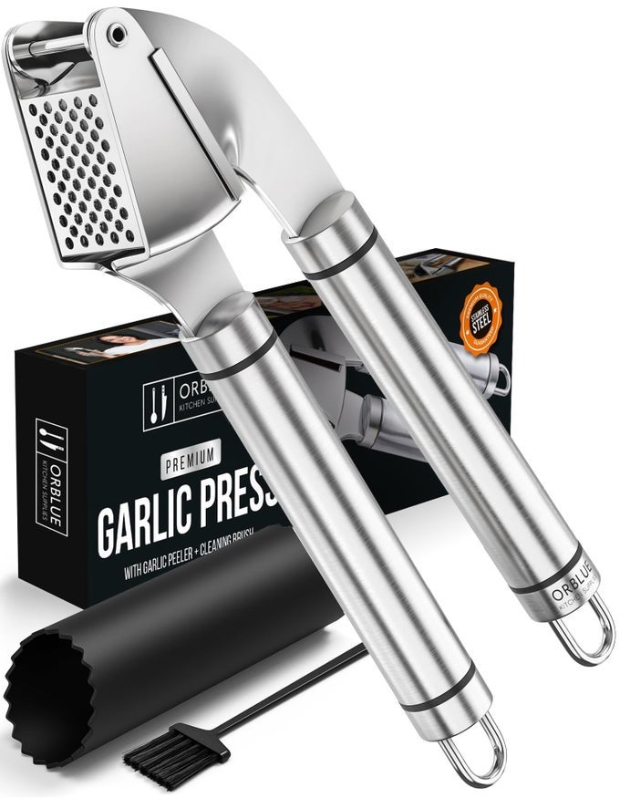 GARLIC PRESS STAINLESS STEEL PREMIUM PROFESSIONAL GRADE GARLIC MINCER CRUSHER PEELER SET EASY CLEAN DISHWASHER SAFE RUSTPROOF