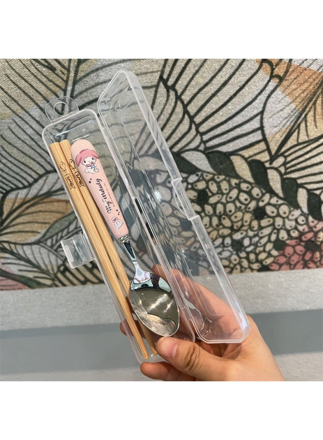 Korean Style Soup Spoon Stainless Steel High Color Value Kulomi Sanrio Ceramic Spoon Student Special Spoon Fork Suit-Specifications:Melody Spoon And Chopsticks (folding Box) - Image 1