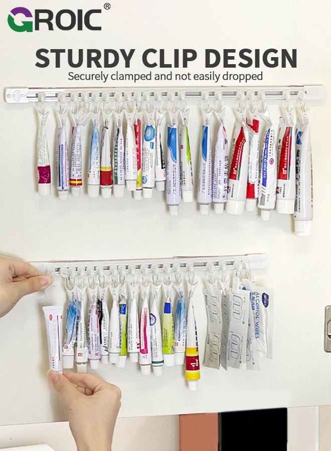 GROIC Slide Rail Hook, 2 Pack Hanging Storage Rods with 20 Clips for Cabinet Shelves, No Drill Wall Mounted, Sliding Medicine Tube Organizer, Bathroom Bedroom Office Wall Door Rack, Clips Hook Multi-purpose - Image 3
