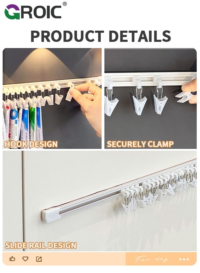 GROIC Slide Rail Hook, 2 Pack Hanging Storage Rods with 20 Clips for Cabinet Shelves, No Drill Wall Mounted, Sliding Medicine Tube Organizer, Bathroom Bedroom Office Wall Door Rack, Clips Hook Multi-purpose - Image 4