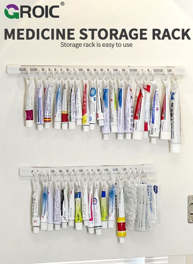 GROIC Slide Rail Hook, 2 Pack Hanging Storage Rods with 20 Clips for Cabinet Shelves, No Drill Wall Mounted, Sliding Medicine Tube Organizer, Bathroom Bedroom Office Wall Door Rack, Clips Hook Multi-purpose - Image 2