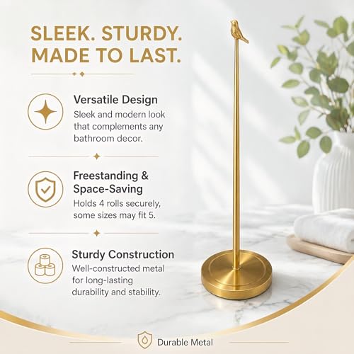 Wismay Toilet Paper Holder Stand for 4 Paper Rolls Bird Style Freestanding TP Holder Roll Holder Storage Gold - Image 3