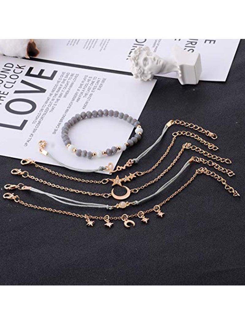 SYOSI مجموعة أساور SYOSI Fashion Bead Bracelets للنساء، مجموعة أساور قابلة للتعديل مع سلسلة يد ذهبية على شكل قمر ونجمة وحب وسلسلة يد من اللؤلؤ، مجموعة من 6 قطع - Image 3
