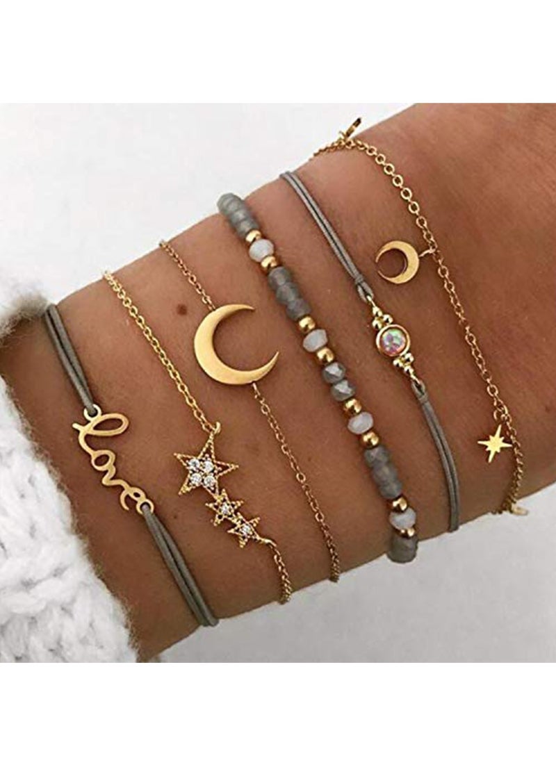SYOSI مجموعة أساور SYOSI Fashion Bead Bracelets للنساء، مجموعة أساور قابلة للتعديل مع سلسلة يد ذهبية على شكل قمر ونجمة وحب وسلسلة يد من اللؤلؤ، مجموعة من 6 قطع - Image 2