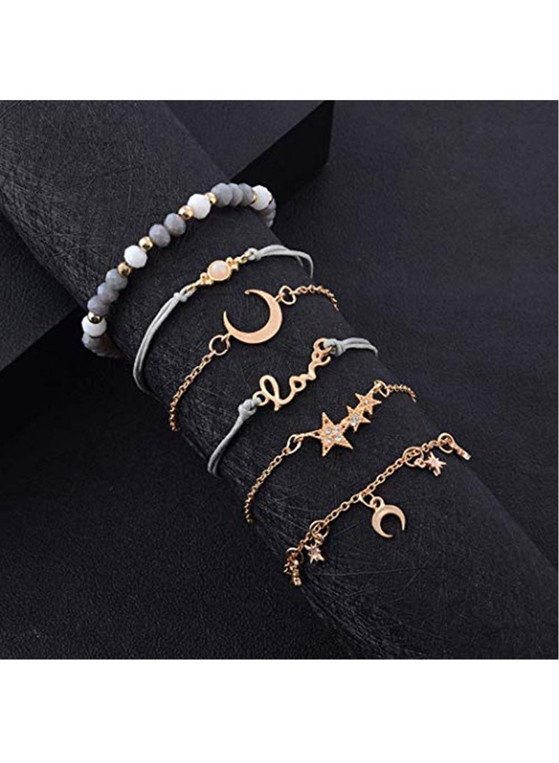SYOSI مجموعة أساور SYOSI Fashion Bead Bracelets للنساء، مجموعة أساور قابلة للتعديل مع سلسلة يد ذهبية على شكل قمر ونجمة وحب وسلسلة يد من اللؤلؤ، مجموعة من 6 قطع - Image 4