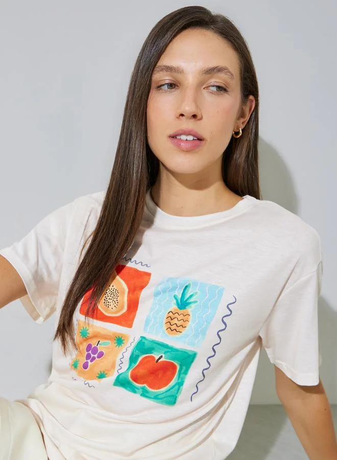 Styli Cream Relaxed Fit Graphic Fruit Print T-Shirt