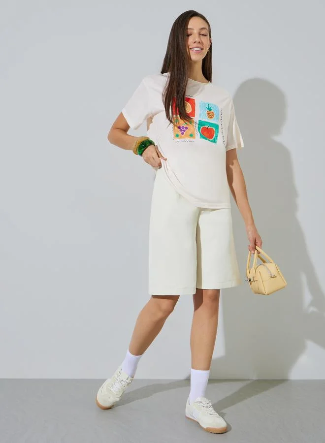 Styli Cream Relaxed Fit Graphic Fruit Print T-Shirt