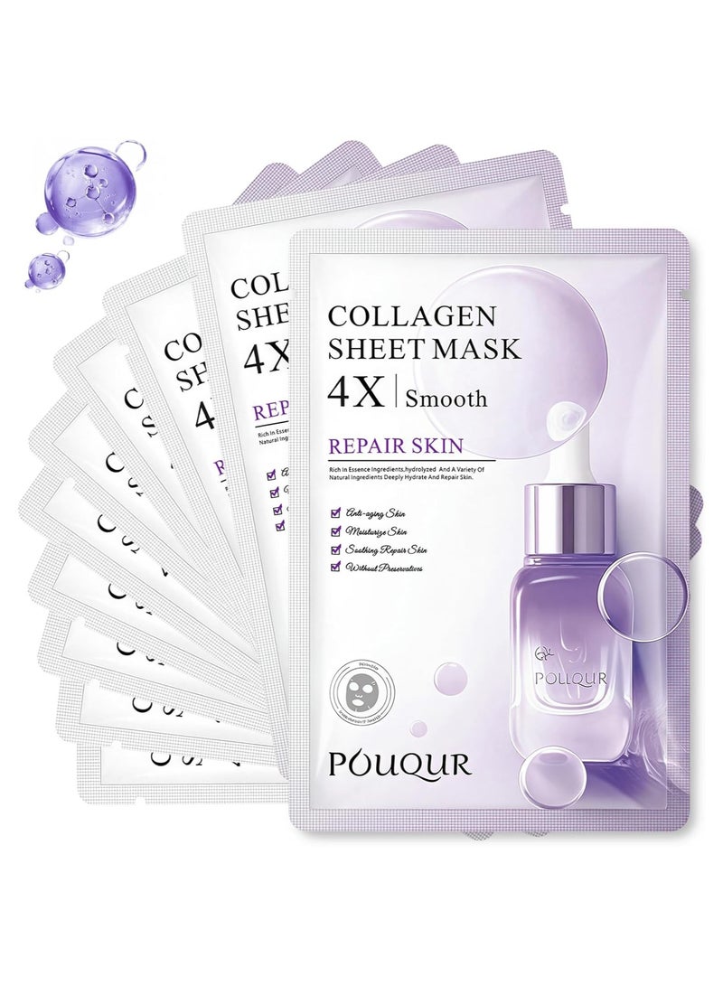 POUQUR 10 PCS Korean Face Masks, Collagen Mask for 4X Smoother & Brighter Skin, Deep Hydrating & Moisturizing, Skin Repair, Firming & Anti-Wrinkle Facial Sheet Mask - Image 1