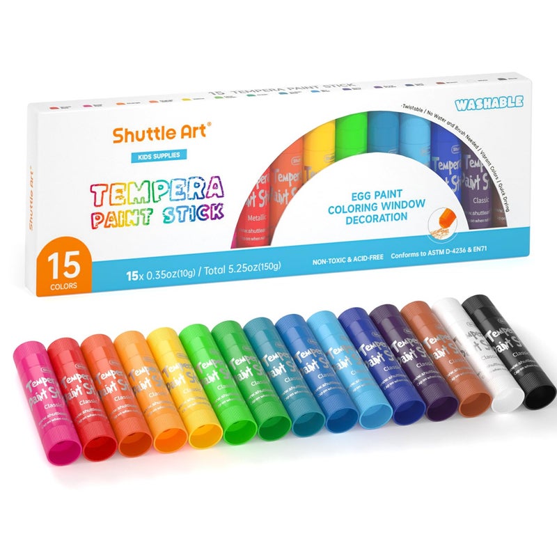 Shuttle Art Tempera Paint Sticks 15 Colors Solid Tempera Paint for Kids Super Quickdrying Washable Works Great on Paper Wood Glass Ceramic Canvas - Image 2