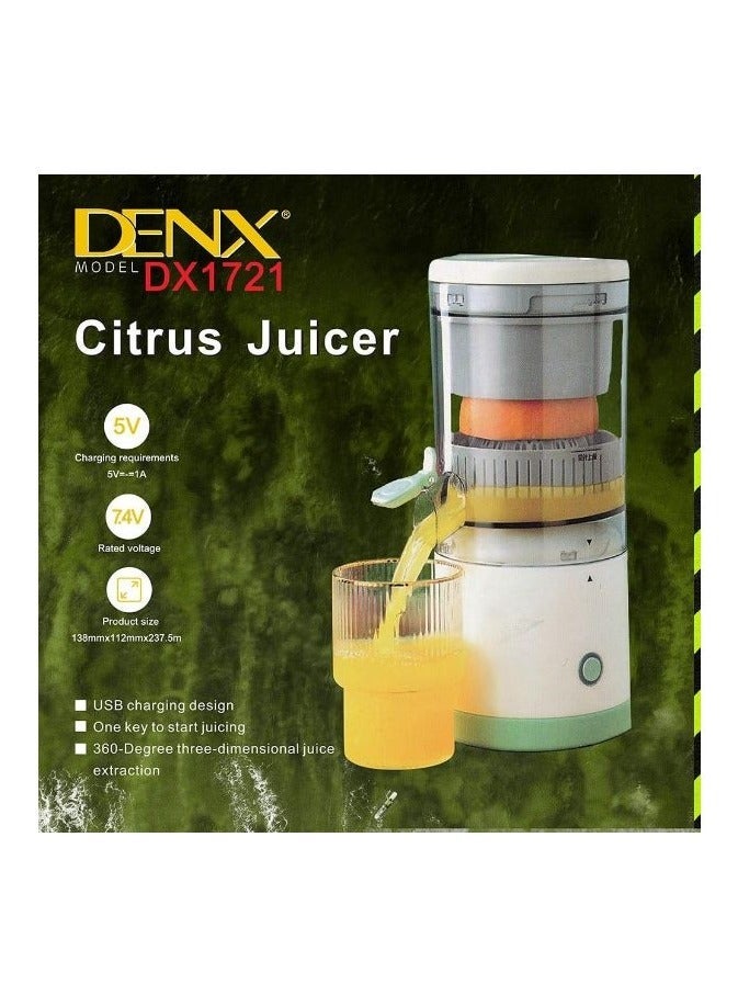 Denx DX-1721 Electric Citrus Juicer 45W | Rechargeable & Portable | Wireless USB Juicer | Automatic Orange & Lemon Squeezer for Home & Travel | White & Green - Image 1