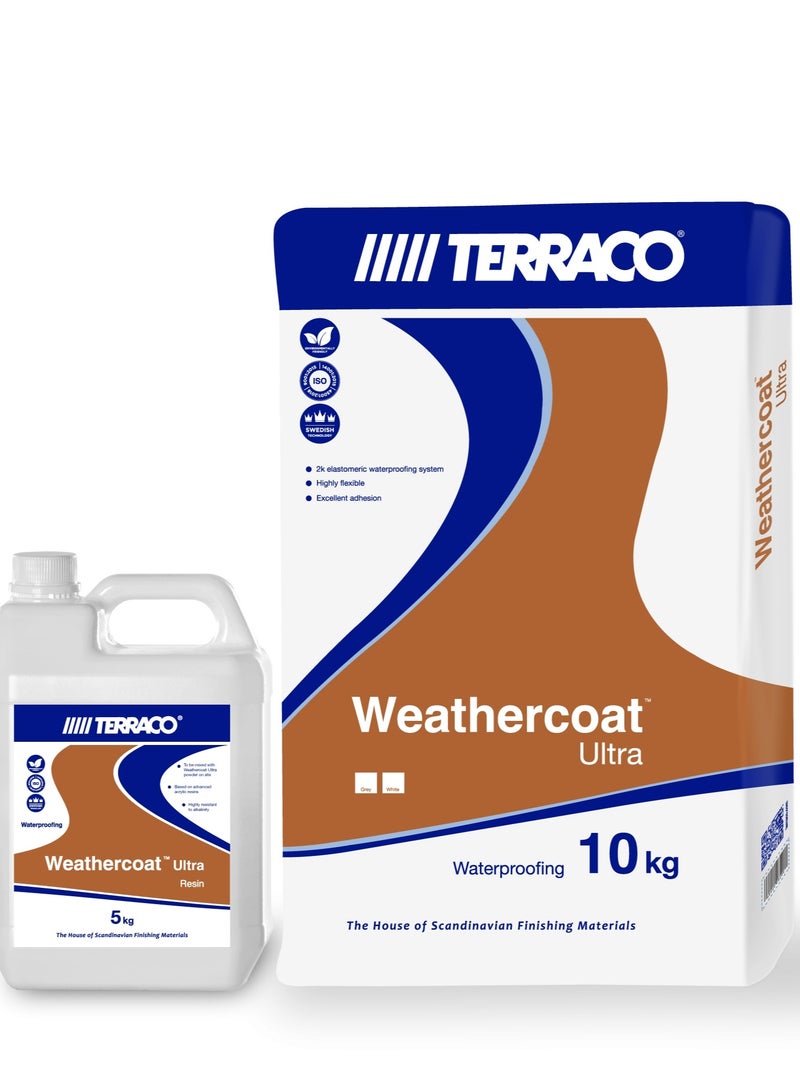 TERRACO Weathercoat Ultra Waterproofing System – White 2-Component Elastomeric Roof Coating – Highly Flexible, Durable & Crack-Resistant – Hydraulic & Organic Binders – 20kg Set
