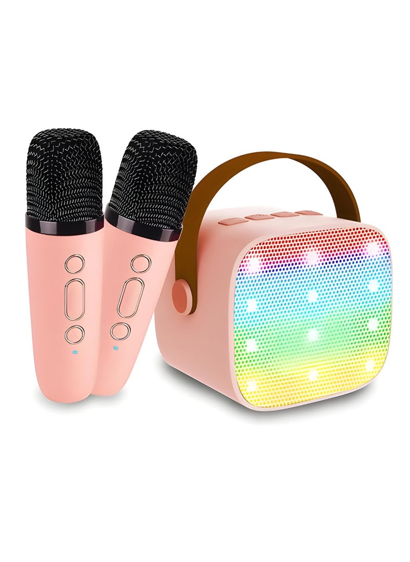 Generic Kids Mini Karaoke Machine 2 Wireless Microphones Bluetooth Speaker 18 Pre-Loaded Songs Birthday Gifts with Colorful Lights (Pink)  - Image 1
