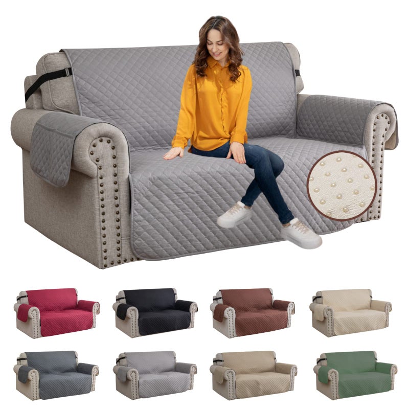 XINEAG Quilted Sofa Covers 2 Seater Water Resistant Loveseat Covers Sofa Slipcovers with Pockets Non Slip Sofa Cover for Dogs Washable Furniture Protector with Elastic Strap Loveseat Light Grey