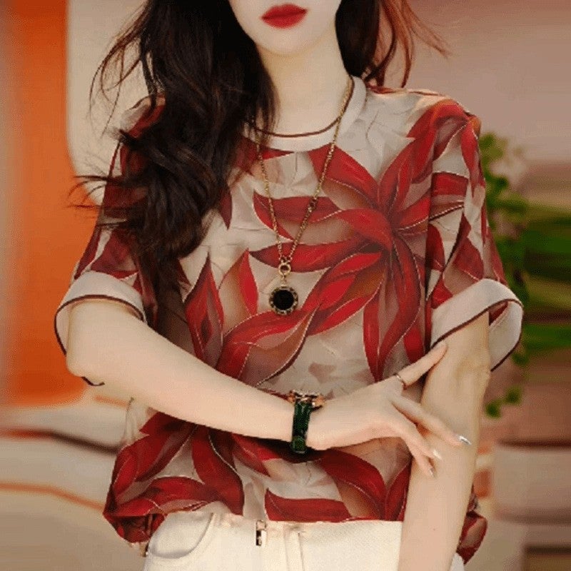 تي شيرت صيفي مطبوع بحجم كبير للأمهات بتصميم عصري للنساء في منتصف العمر وكبار السن، بأكمام قصيرة، بالجملة 4056 زهور زعفران - Image 1