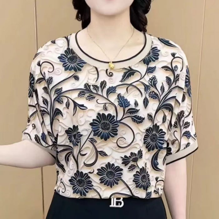 تي شيرت صيفي مطبوع بحجم كبير للأمهات بتصميم عصري للنساء في منتصف العمر وكبار السن، بأكمام قصيرة، بالجملة 4056 زهور زعفران - Image 3