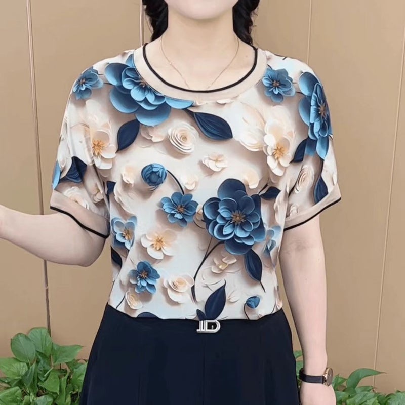 تي شيرت صيفي مطبوع بحجم كبير للأمهات بتصميم عصري للنساء في منتصف العمر وكبار السن، بأكمام قصيرة، بالجملة 4056 زهور زعفران - Image 2