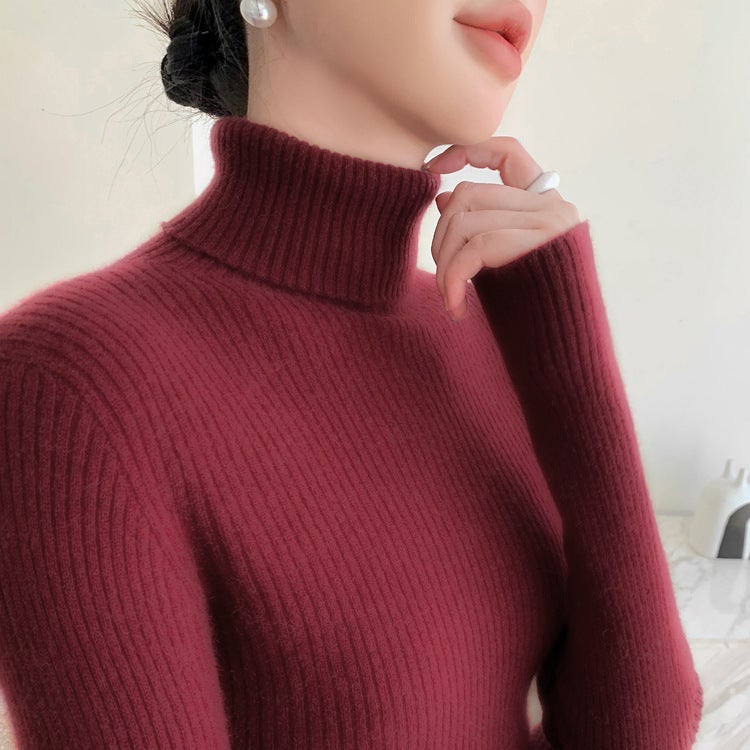 High Lapel Baby Small Cashmere Knitted Sweater Women'S Pullover Warm Strip Wool Base Shirt Top - Image 3