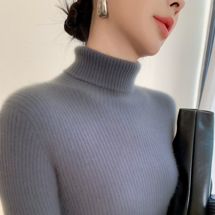 High Lapel Baby Small Cashmere Knitted Sweater Women'S Pullover Warm Strip Wool Base Shirt Top - Image 4