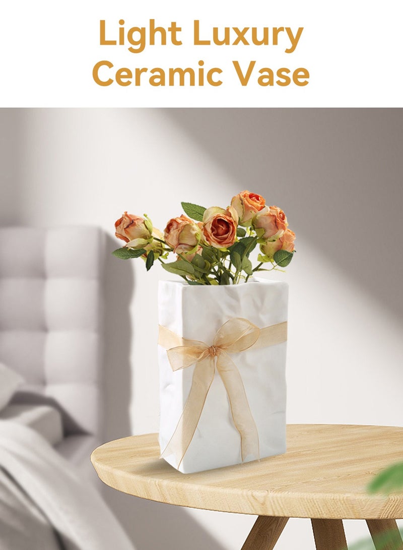 MIXDE White Crinkle Paper Bag Ceramic Vase, Unique Square Wide Mouth Pleated Vases, Minimalist Boho Vase for Flower Arrangement Table Centerpiece Home Office Bookshelf Decor  - Image 2