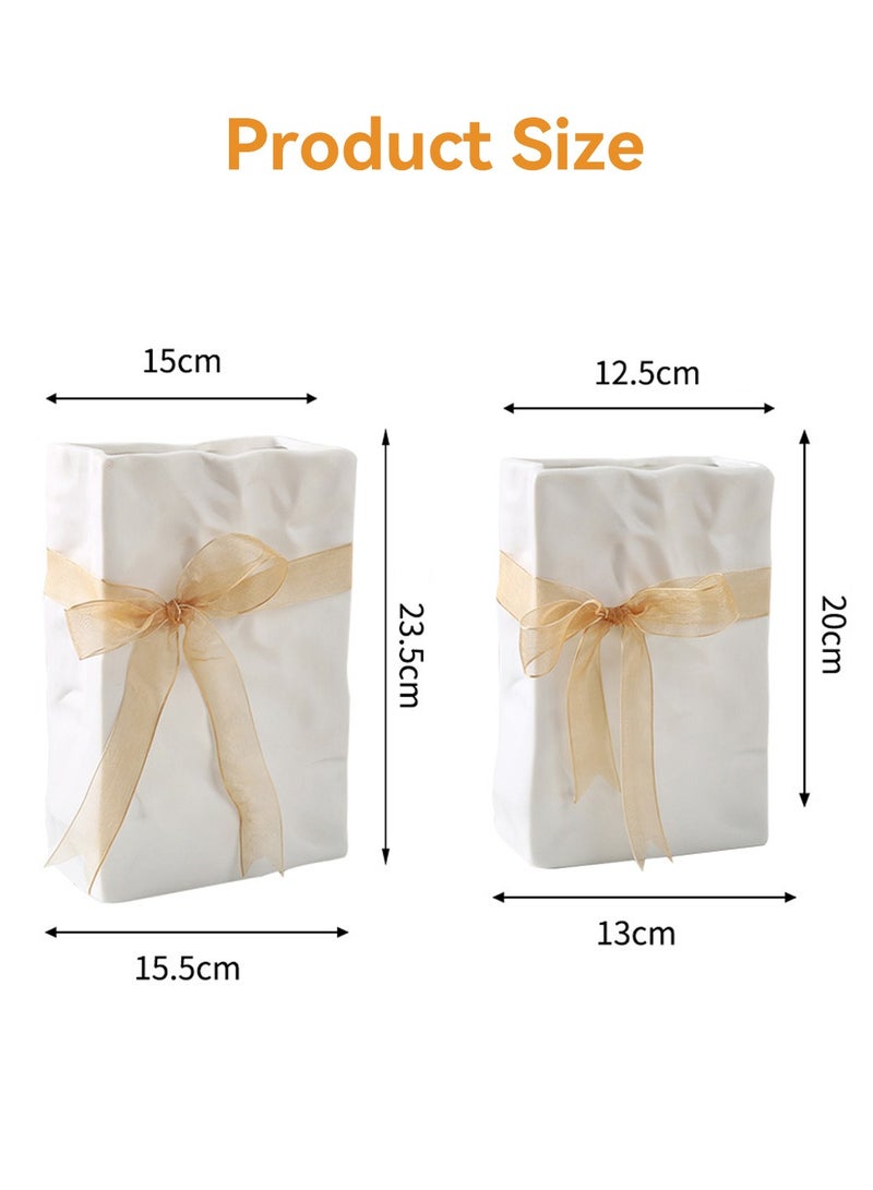 MIXDE White Crinkle Paper Bag Ceramic Vase, Unique Square Wide Mouth Pleated Vases, Minimalist Boho Vase for Flower Arrangement Table Centerpiece Home Office Bookshelf Decor  - Image 4