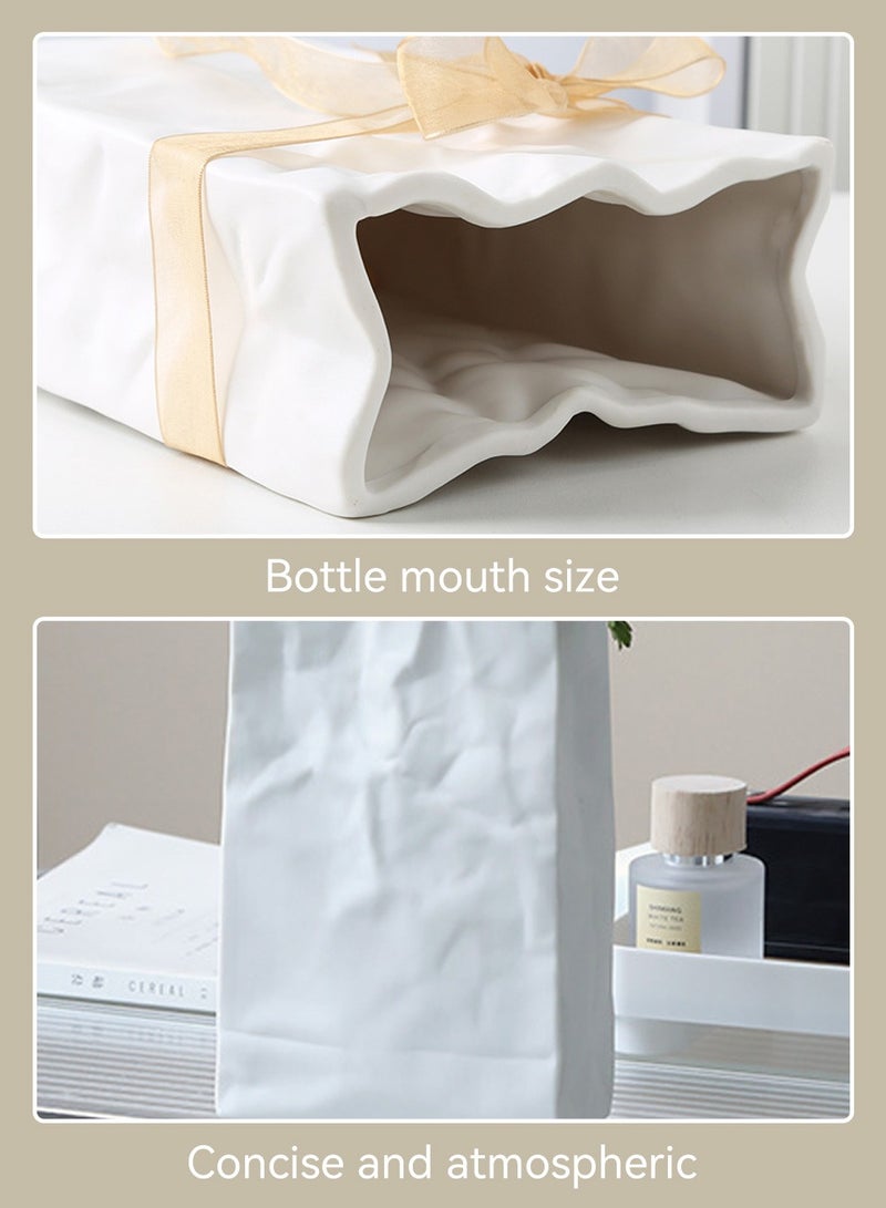 MIXDE White Crinkle Paper Bag Ceramic Vase, Unique Square Wide Mouth Pleated Vases, Minimalist Boho Vase for Flower Arrangement Table Centerpiece Home Office Bookshelf Decor  - Image 3