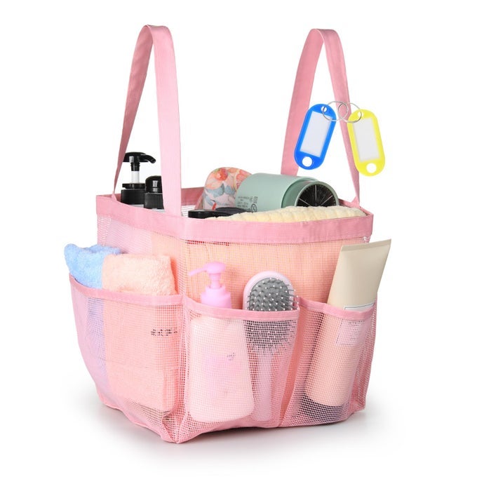 MESH SHOWER CADDY TOTE LARGE SHOWER CADDY BASKET PORTABLE QUICK DRY HANGING TOILETRY BAG 8 STORAGE POCKET BATH ORGANIZER FOR COLLEGE DORM GYM CAMP TRAVEL PINK