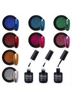 8 Jars Holographic Nail Powder 1gram Each,Chrome Nail Powder,with no Wipe top Coat,Base Coat and Black Color Gel Nail Polish kit for Nail Art Rainbow Unicorn Mirror Effect.
