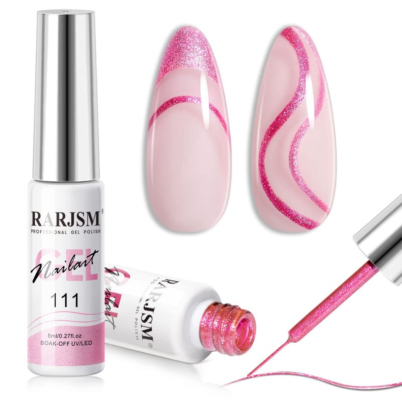 RARJSM Metallic Gel Liner Nail Art PinkGlitter Painting Gel Nail Polish 2PCS SetMirror Chrome Hot Pink Drawing Line Art Gel with Thin Brush Nail Design Line Wire Curing Requires 8ml DIY Manicure
