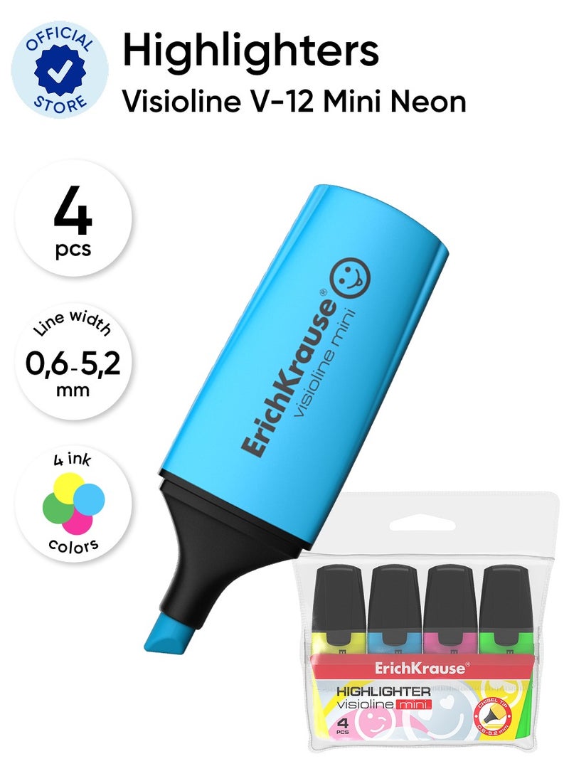 ErichKrause Set of 4 highlighters Visioline V-12 Mini, ink colors: yellow, green, blue, pink (pouch)  - Image 1