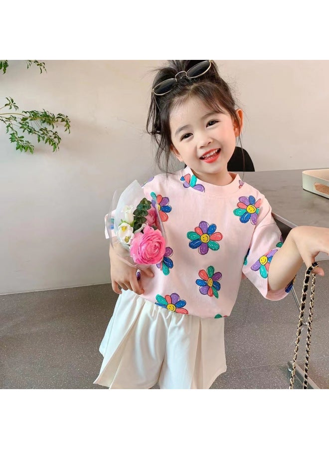 Summer New Children's Wear Korean Short-sleeved T-shirt Big Children's Casual Top Baby Flower Fashion Base Shirt