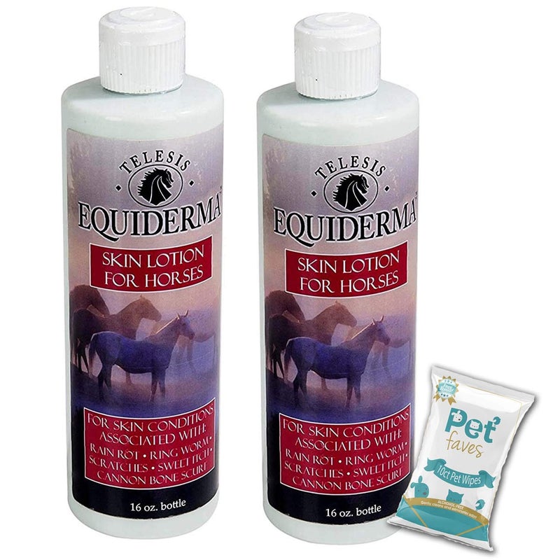 EQUIDERMA 2 Pack Horse Skin Lotion for Rain Rot Ringworm Cannon Bone Scurf with 10ct Pet Faves Pet Wipes