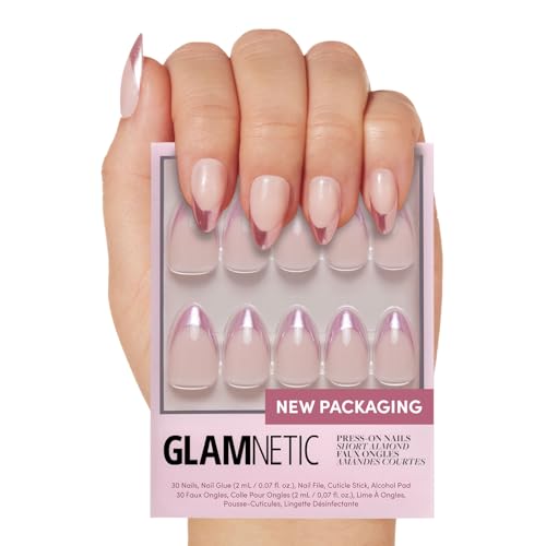 Glamnetic Press On Nails - Rock Candy | Trendy Short Almond Fake Nails with Metallic Chrome Pink French Tips | 15 Sizes - 30 Nail Kit with Glue - Image 1