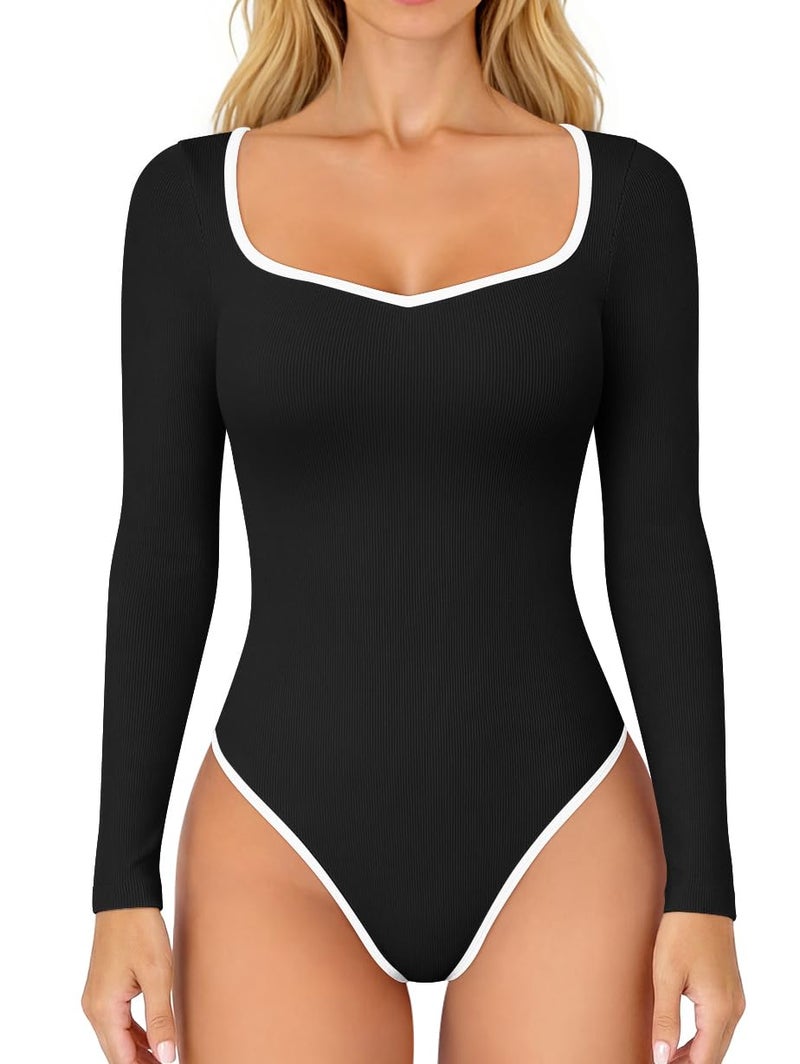 OQQ Women Bodysuit Contrast-Trim Square Neck Long Sleeve Stretch Bodysuit Tops Black - Image 1